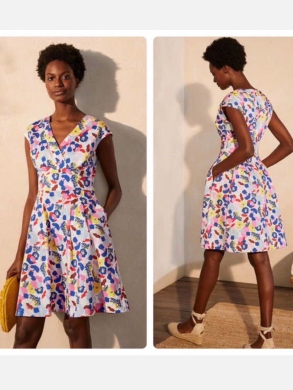 Boden White Floral V-Neck Fit & Flare Dress with Blue, Pink & Yellow Print